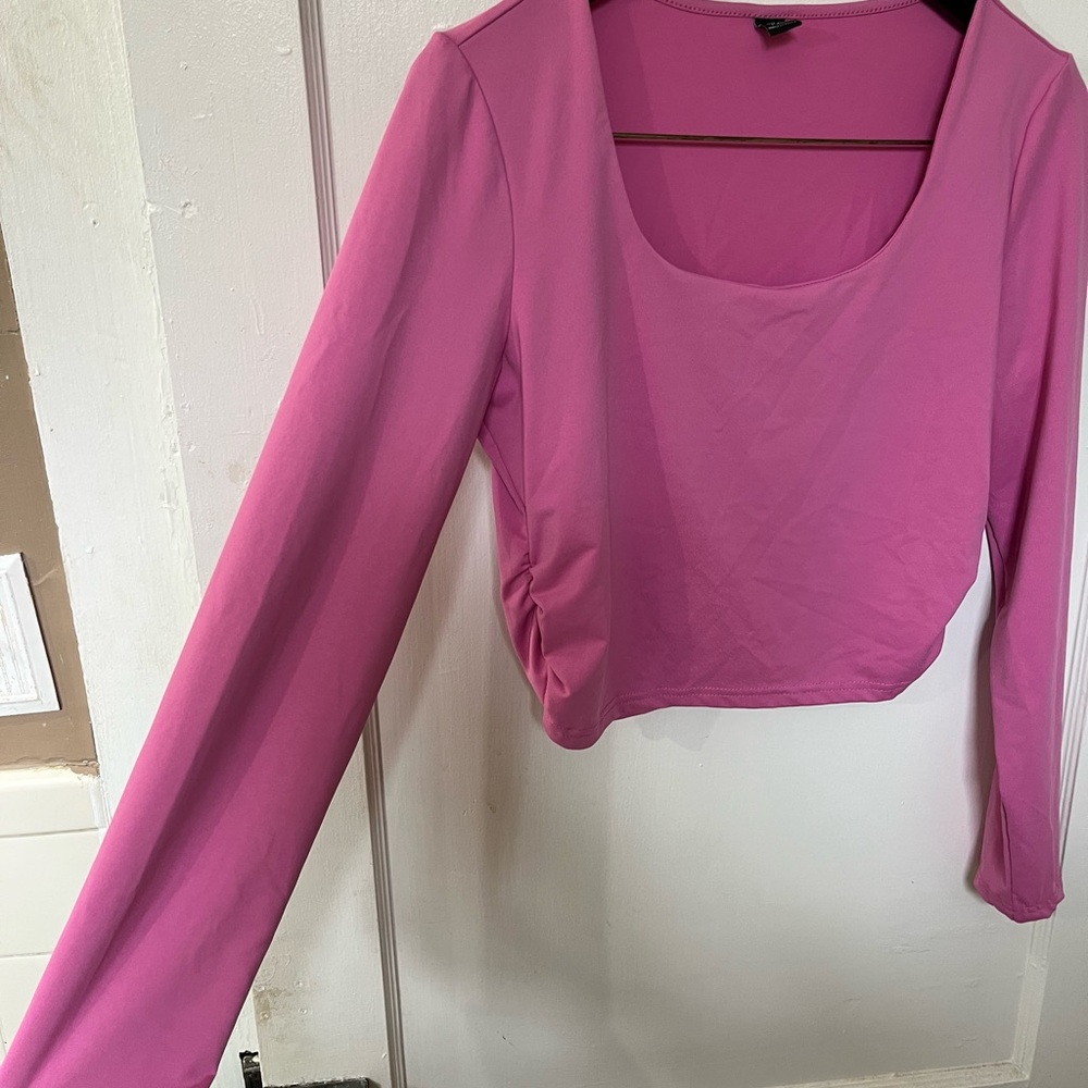 SHEIN Basics Hot Pink Square Neck Long Sleeve Crop Top - Size Large - EUC